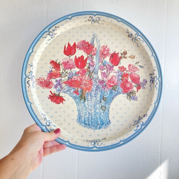 Vintage 80s Tray Floral Tulips & Basket Tin Serving Bar Potpourri Press Signed - Picture 1 of 10